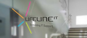 Lifeline IT's logo - signage on the office glass door