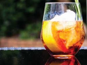 Bolney Rosso English Vermouth with ice in a glass